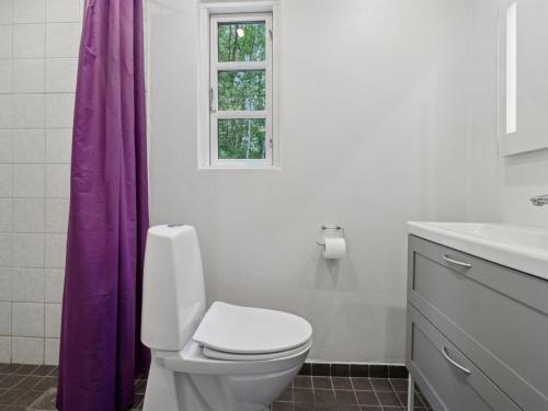 a bathroom with a white toilet and a purple shower curtain at Holiday Home Andri - 1-5km from the sea by Interhome in Rønne