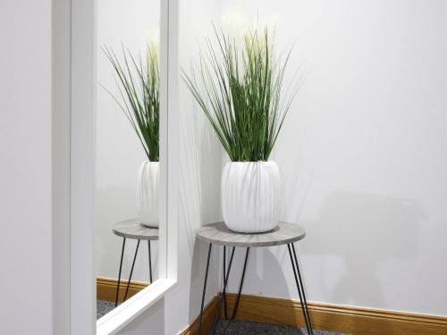two white vases with plants sitting on a stool at Apartment Forres View by Interhome in Forres