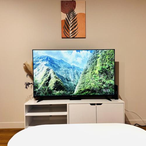 a flat screen tv sitting on a white entertainment center at Le Terracotta cocon moderne à 2 pas de la Gare ligne directe GENÈVE-LYON-PARIS in Bellegarde-sur-Valserine
