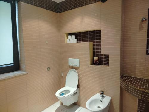 a bathroom with a toilet and a sink at Studio z dwiema sypialniami i prywatną łazienką z wanną in Sandomierz