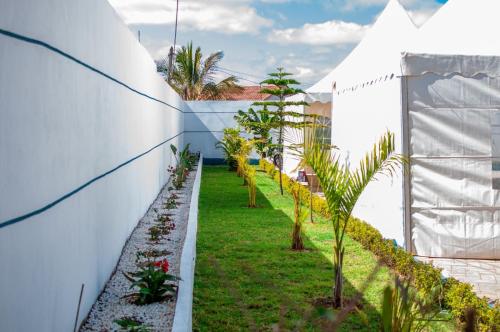 un jardin avec des palmiers et un mur blanc dans l'établissement Résidence la Rivière Ambohijanahary, à Abohijanahary