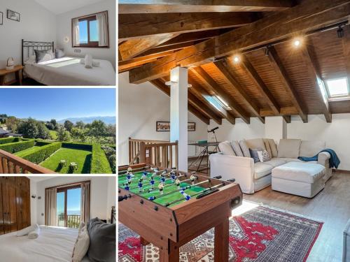 a collage of pictures of a living room with a foosball at Guils Cal Peiró in Guils de Cerdaña