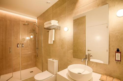 a bathroom with a shower and a toilet and a sink at Petit Palace Puerta del Sol in Madrid