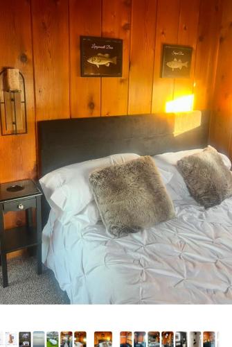 a bed with two pillows on it in a room at Off the Hook in Newaygo