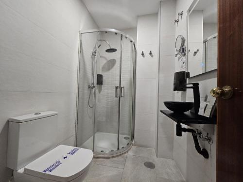 a bathroom with a shower with a toilet and a sink at Zaida Boutique Hotel in Seville