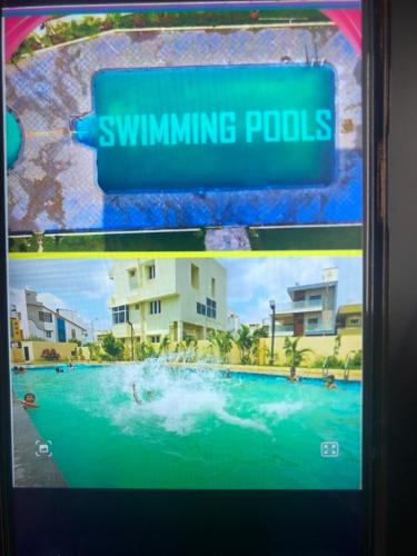 two pictures of a swimming pool with a sign at Lora in Chik Ballāpur