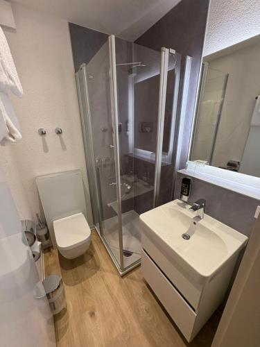 a bathroom with a sink and a shower and a toilet at BC Hotel Bad Kreuznach mit Restaurant Mühlentor in Bad Kreuznach