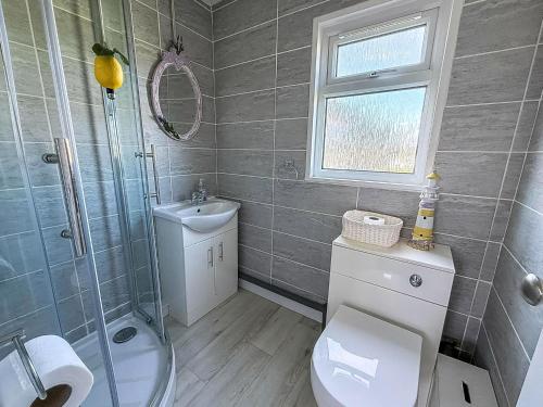 a bathroom with a toilet and a shower and a sink at Stunning Chalet In The Charming Seaside Village Of Scratby, Norfolk Ref 51017S in Great Yarmouth