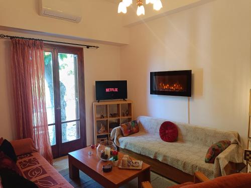 a living room with a couch and a fireplace at Delphion House in Arachova