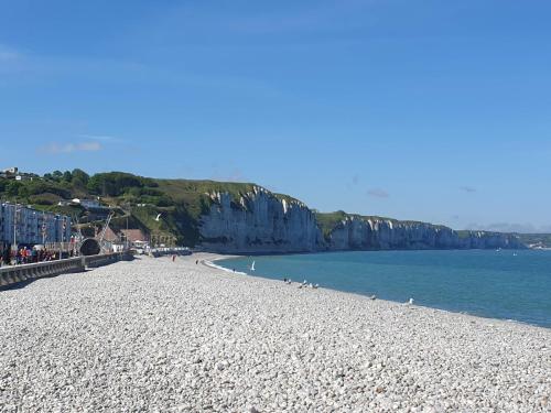 una spiaggia con un gruppo di persone e l'oceano di La maison de la plage a Fécamp
