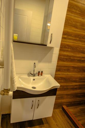 a bathroom with a white sink and a mirror at Mestia Roots in Mestia