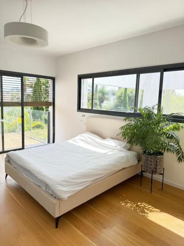a bedroom with a bed and a potted plant at Villa with a pool in Ra'anana in Ra‘ananna