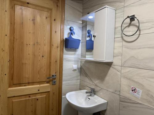 a bathroom with a sink and a wooden door at Blue Fox 2 in Chrani