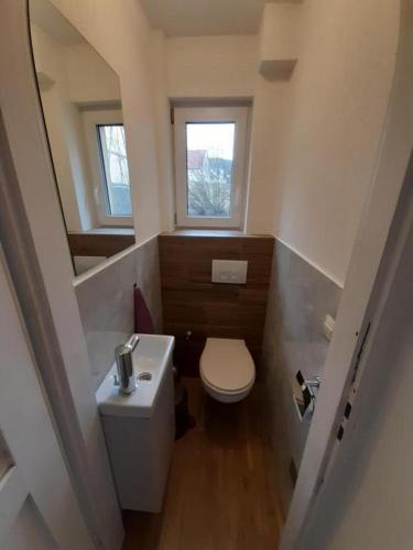 a small bathroom with a toilet and a sink at Erdgeschoss 75 m2 Großer Parkplatz WLAN Terrasse 30 m2 Übernachtung Unterkunft in Talheim