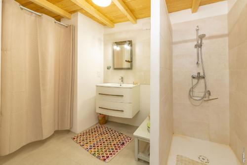 Un baño blanco con lavabo y ducha. en Duplex des Vignes - Nature - Montans, en Montans