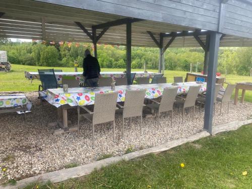 a person sitting at a table under a pavilion at Maringotka Květuška ubytování na farmě in Pulečný