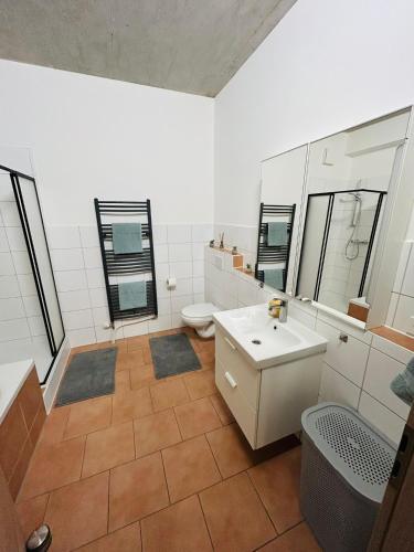 a bathroom with a sink and a toilet in it at RheinZeit Apartment Köln Bonn in Niederkassel