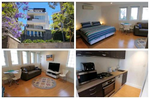 a collage of three pictures of a bedroom and a living room at Spacious Studio Surrounded By Great Views in Sydney