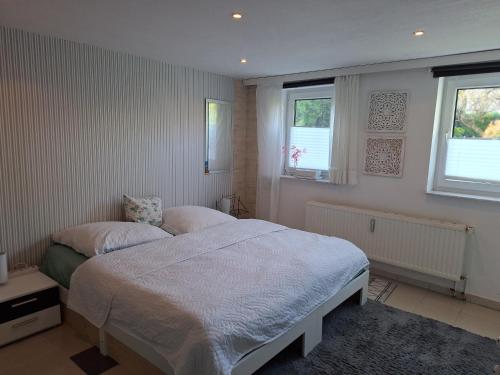 a bedroom with two beds and two windows at Kleeblatt in Chemnitz