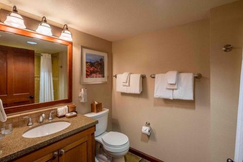 a bathroom with a toilet and a sink and a mirror at Everline Resort & Spa #526 in Olympic Valley