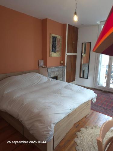 Maison Llapasset في فورميجويريس: غرفة نوم بها سرير كبير ومدفأة