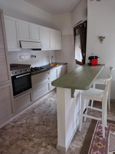 a kitchen with white cabinets and a green counter top at agrifoglio in Borgofranco dʼIvrea