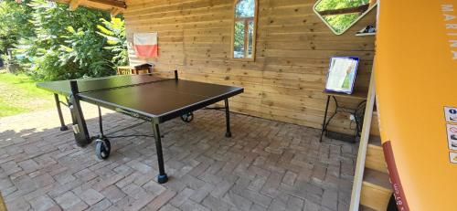 a ping pong table in front of a wooden wall at DZIK Łupawsko in Łupawsko