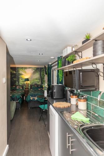 an rv with a kitchen and a living room at Jungle Lodge in Rustington
