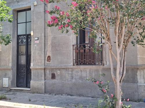 グアレグアイチュにあるcostanera houseのバルコニー付きの建物、ピンクの花の木