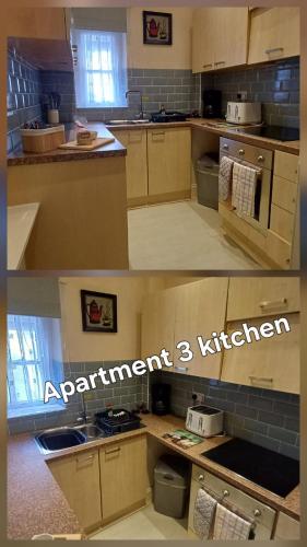 two pictures of a kitchen with a counter top at Morwenna Holiday Apartments in Llandudno