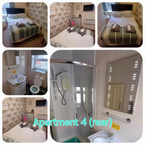 a collage of four pictures of a bathroom and a bedroom at Morwenna Holiday Apartments in Llandudno