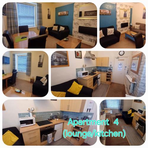 a collage of four pictures of a living room at Morwenna Holiday Apartments in Llandudno