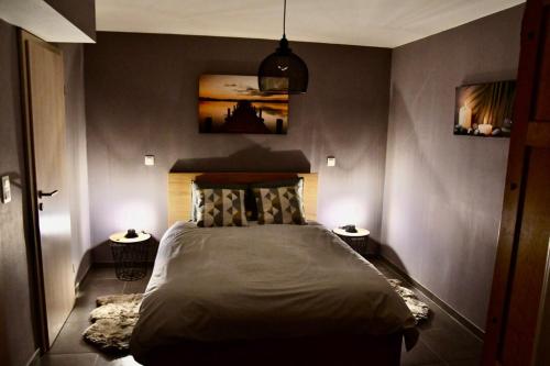 a bedroom with a large bed with two night lights at l'Asperule in Rouvroy