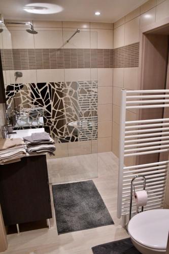 a bathroom with a shower and a toilet and a sink at l'Asperule in Rouvroy