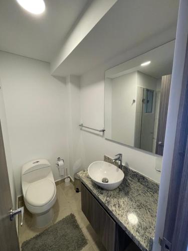 a bathroom with a toilet and a sink and a mirror at An apartment in Serena del Mar in Serena del Mar