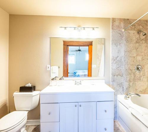 a bathroom with a sink and a toilet and a mirror at The Dallas Apartment in Eastland