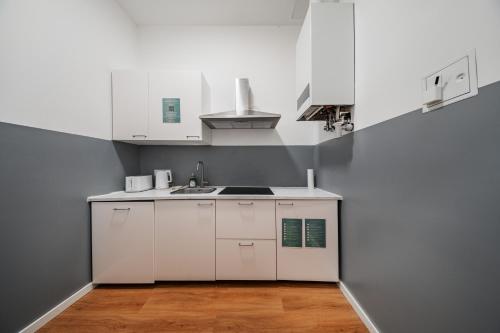une cuisine avec des armoires blanches et un évier dans l'établissement The Vienna Fifteen - Boutique Hostel, à Vienne