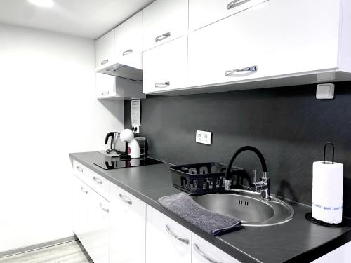 a kitchen with a sink and white cabinets at Belvárosi Apartman in Miskolc