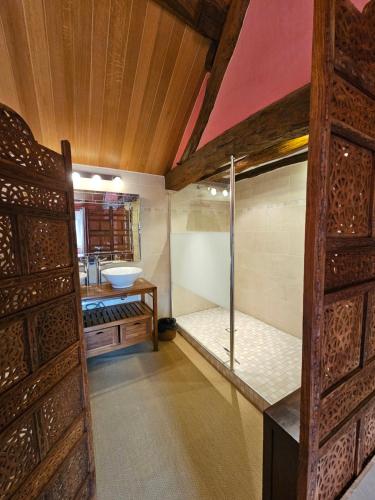 a bathroom with a shower and a sink at Villa familiale La Finca du champ de l'eau Avec sauna jacuzzi proche de Disney et Paris in Crecy la Chapelle