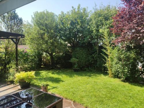 a view of a yard with trees and grass at Elegantes Haus, Bikes, ruhig, Garten, Seenähe, ab 6 Jahre in Starnberg