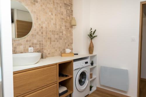 a bathroom with a sink and a washing machine at Le Manguier, Apartment & Spa in Oberhaslach