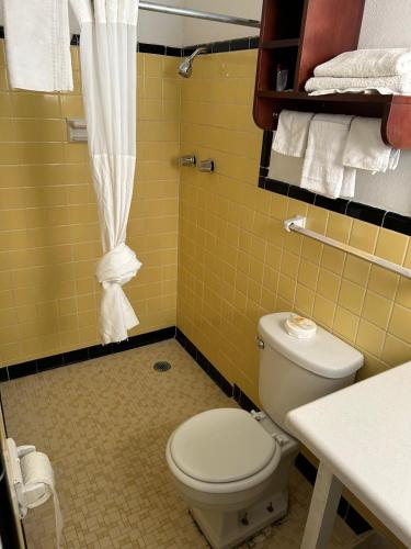 a bathroom with a toilet and a shower with yellow tiles at Stevens Motel in Ocala