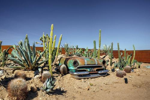 an old car in the middle of a cactus garden at Stargaze Escape By The Cohost Company in Yucca Valley