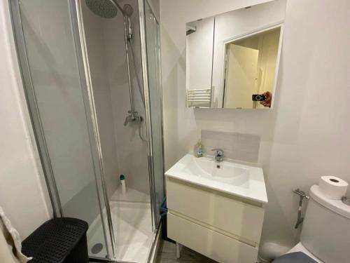 Un baño con ducha, lavabo y espejo. en Zola Saint Ouen, en Saint-Ouen
