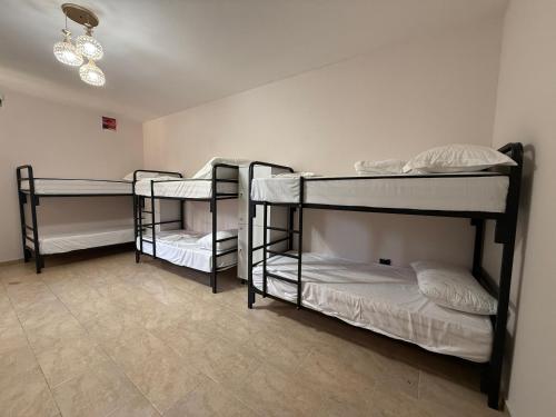 ティラナにあるAlina Hostelの二段ベッドが3つある部屋