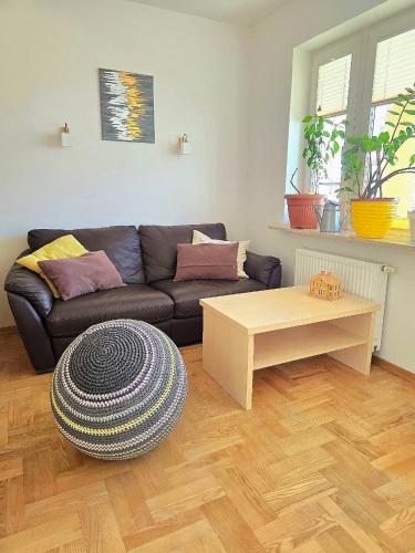 una sala de estar con un sofá y una mesa en Apartament Przy Metrze i Przy Lesie, en Varsovia