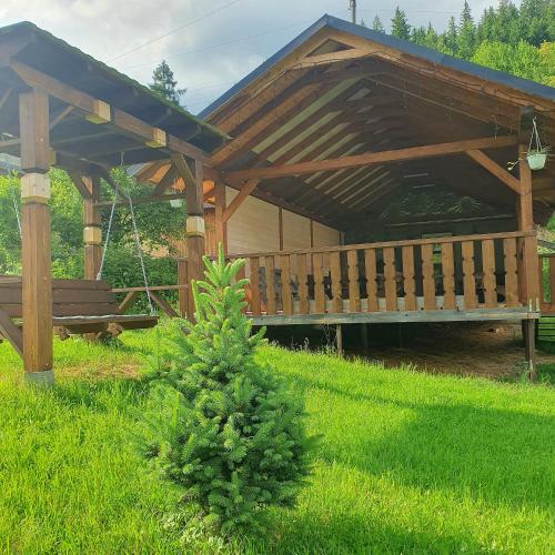 a wooden gazebo with a pine tree in the yard at Садиба Грицюка in Krivorovnya