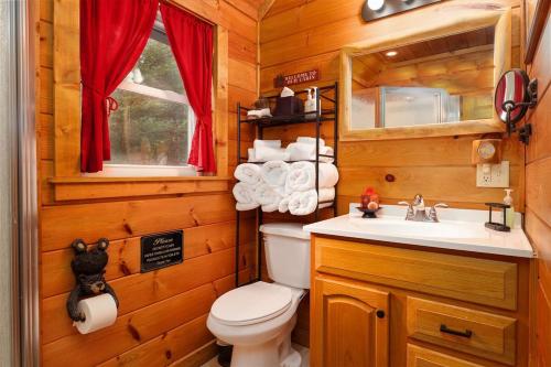 a bathroom with a toilet and a sink at Cozy Stone Cabin Retreat Near Beech Ski Slopes in Beech Mountain