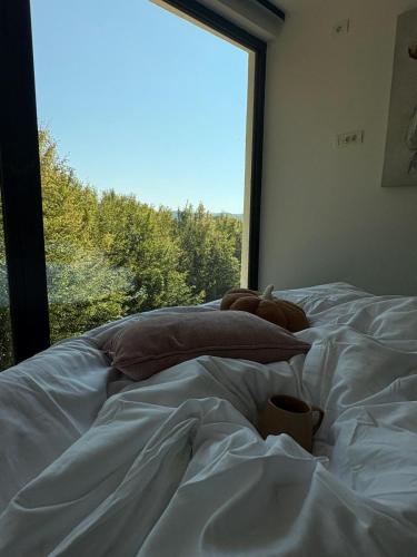a bed in a bedroom with a large window at Tea House Ponoarele in Ponoarele