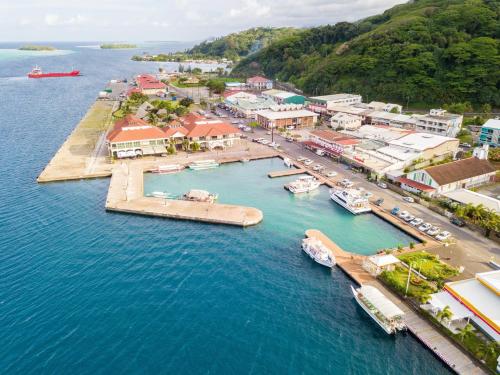 an aerial view of a harbor with boats in the water at Fare Mama Rota - au bord de l'océan in Taputapuapea